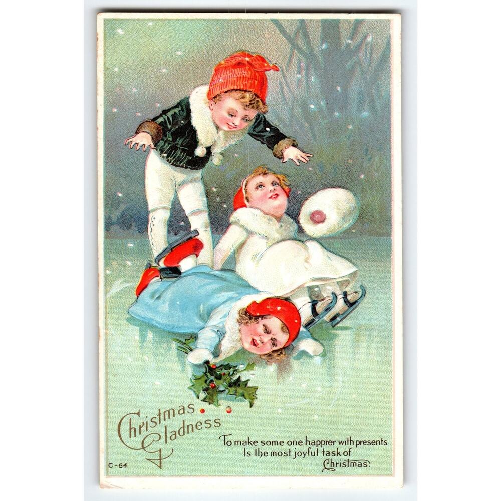 Vintage Christmas Gladness Postcard Kids Ice Skating & Holly C-64 Muff
